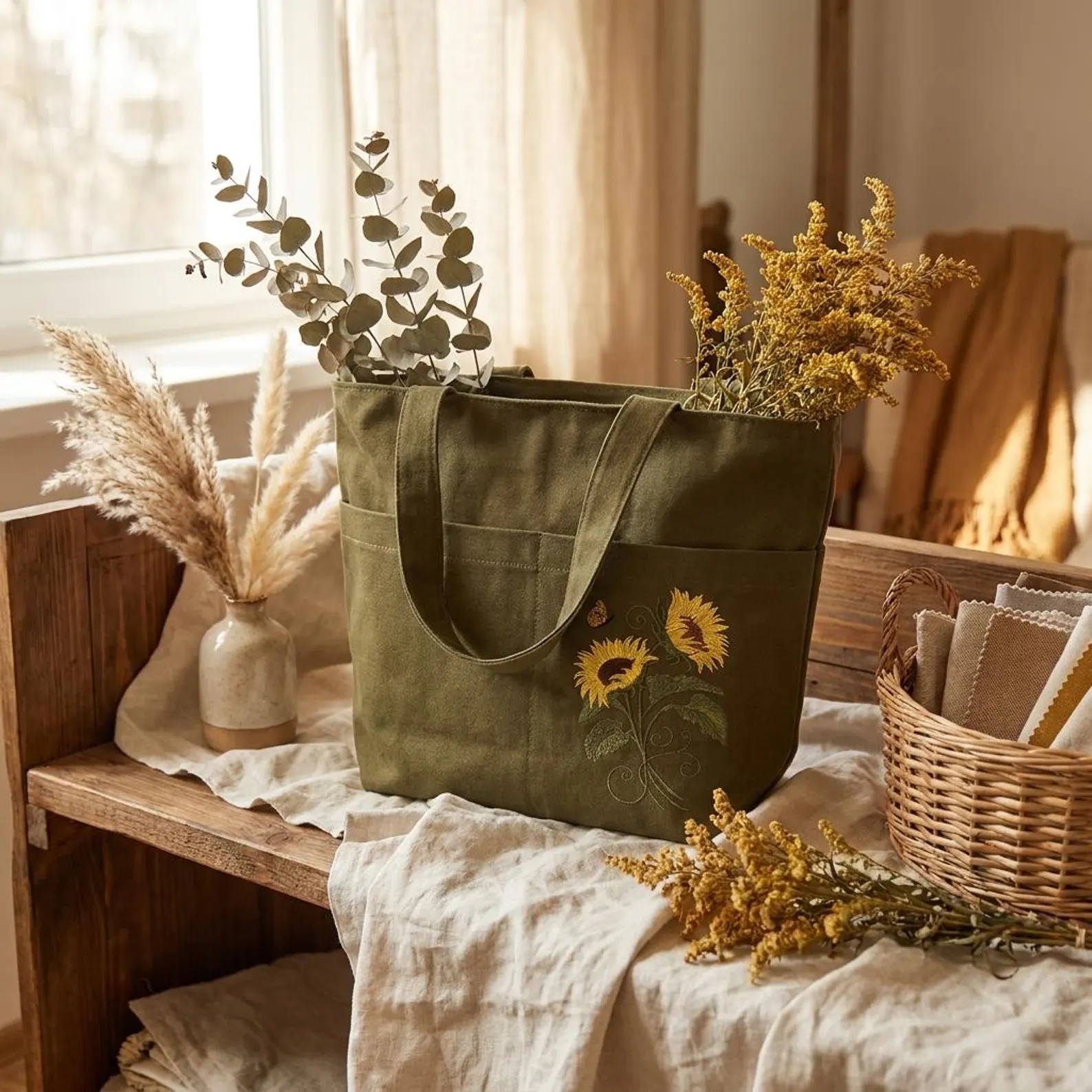 Olivovo zelená shopper taška s výšivkou slnečníc